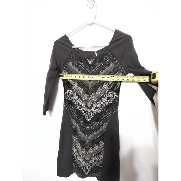 Free People Out Of Africa 3/4 Sleeve Gray Mini Dress Size S Keyhole Back Mesh - Picture 8 of 10